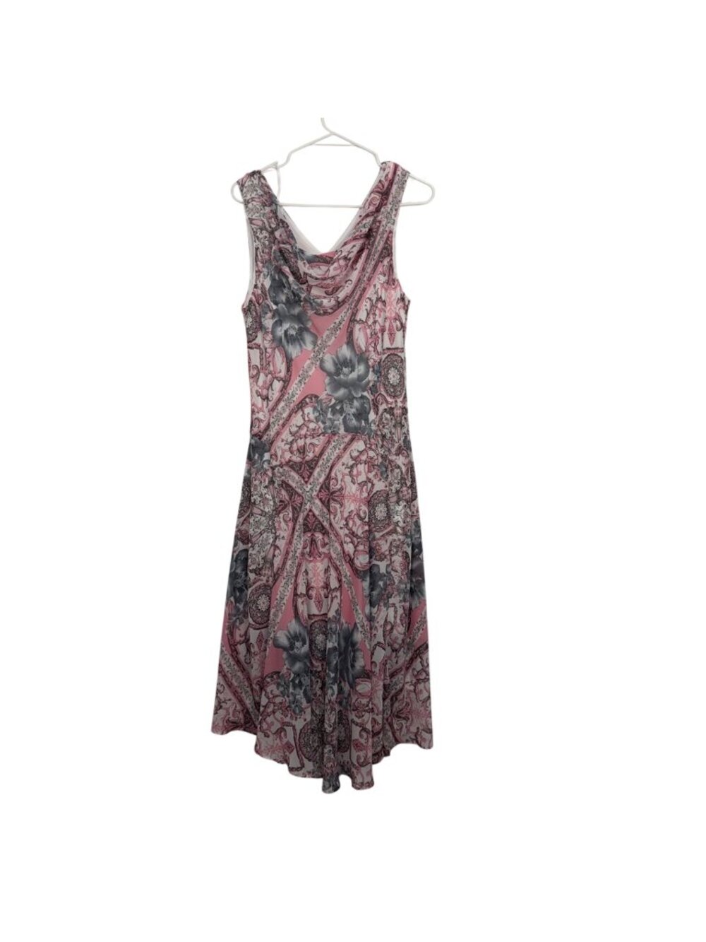 Signature By Robbie Bee Pink & Gray Floral Sleeveless Dress SZ14P Cowl Neckline